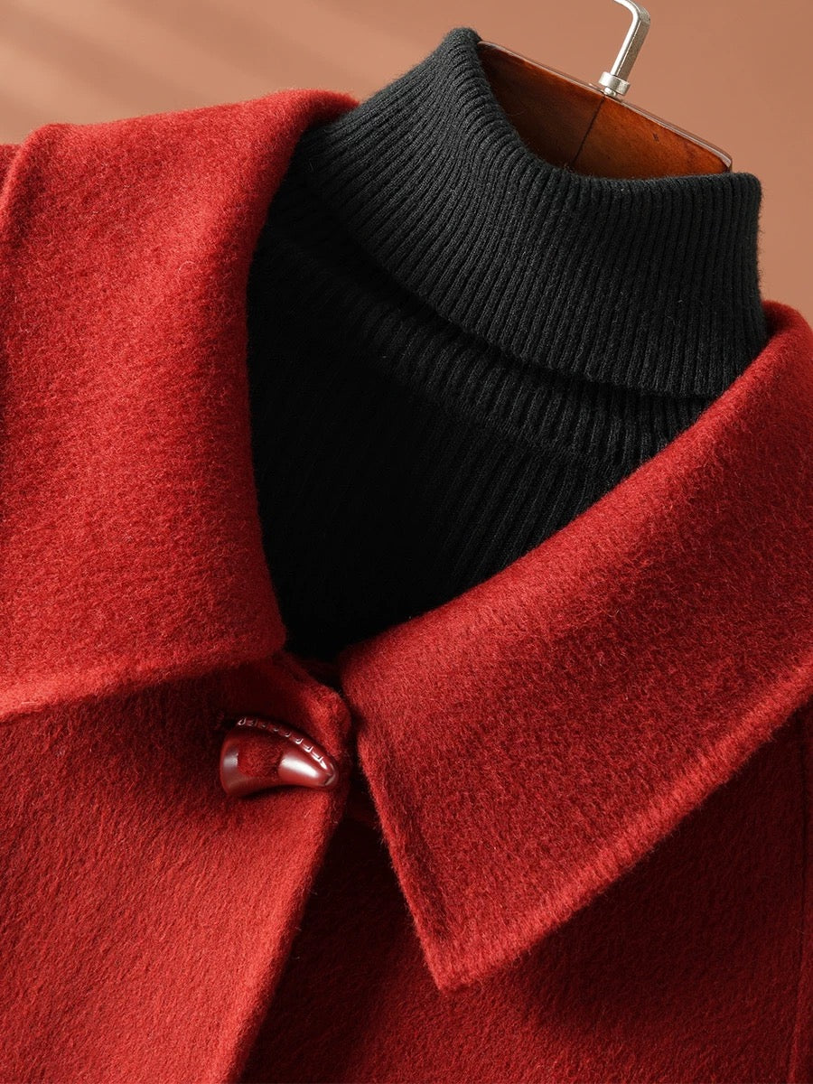 women's red cashmere coat mid-length woolen coat