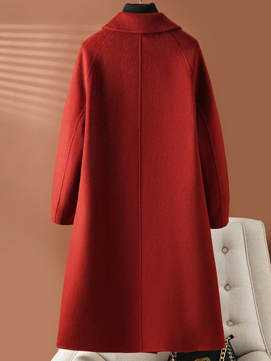 women's red cashmere coat mid-length woolen coat