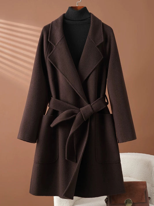 Brown double-faced cashmere coat for women mid-length high-end autumn and winter woolen coat
