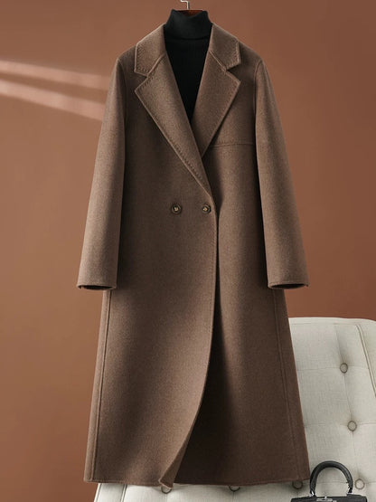 Women's mid-length double-faced cashmere coat in brown, high-end woolen coat