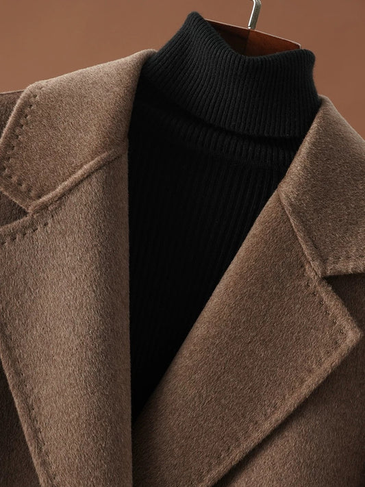 Women's mid-length double-faced cashmere coat in brown, high-end woolen coat