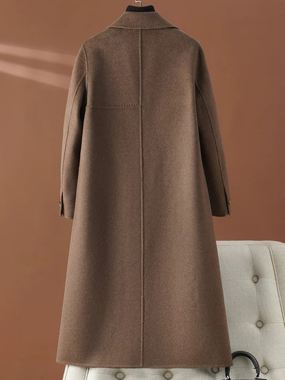 Women's mid-length double-faced cashmere coat in brown, high-end woolen coat