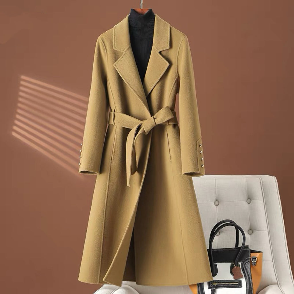 Women's double-faced cashmere coat mid-length straight shoulder Audrey Hepburn style wool coat