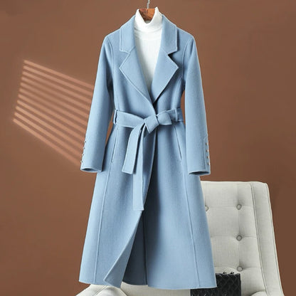 Women's double-faced cashmere coat mid-length straight shoulder Audrey Hepburn style wool coat