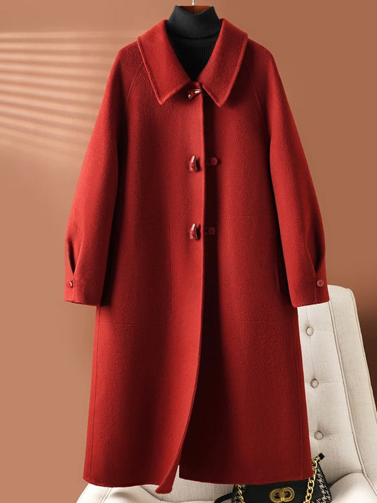 women's red cashmere coat mid-length woolen coat