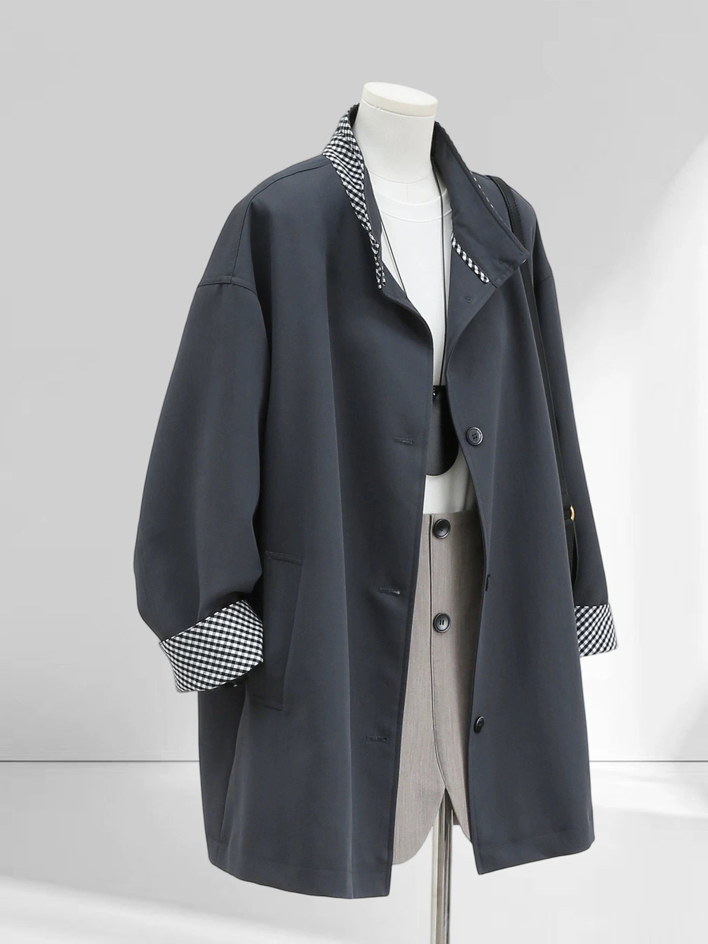 H1757 Grey Plaid Trench Coat