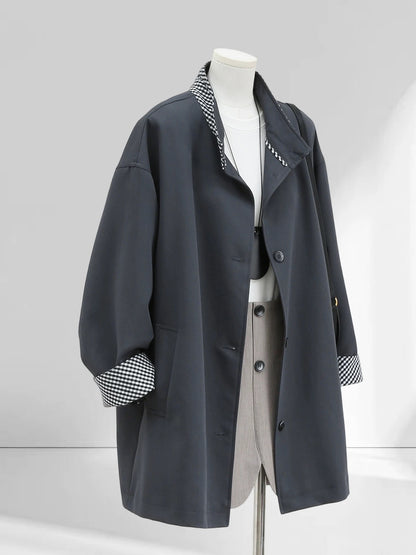 H1757 Grey Plaid Trench Coat