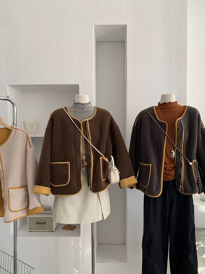 H1290 Color Block Plush Coat