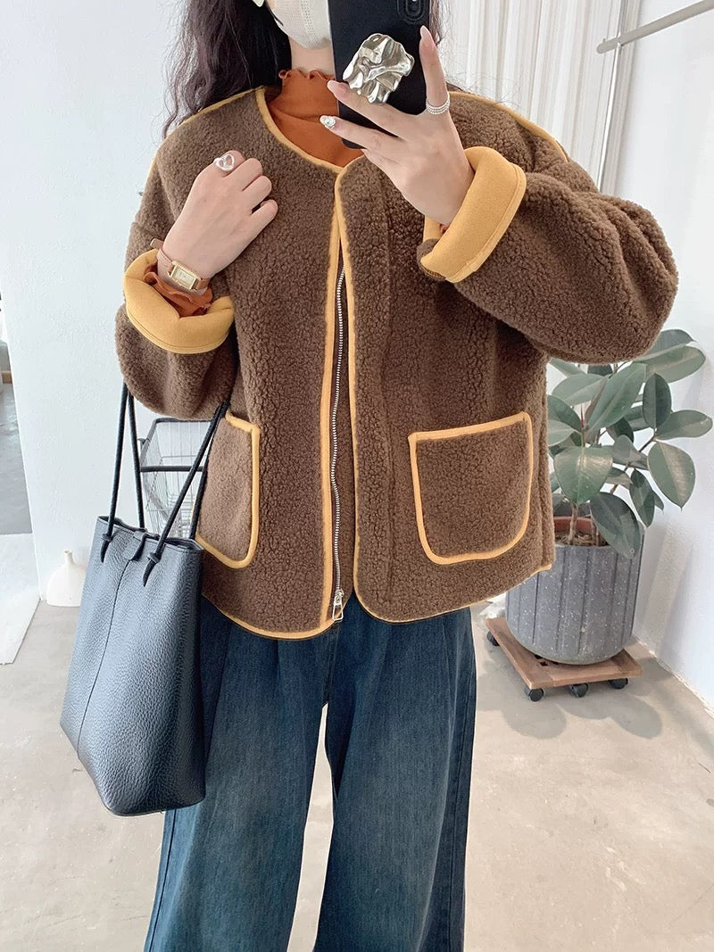 H1290 Color Block Plush Coat