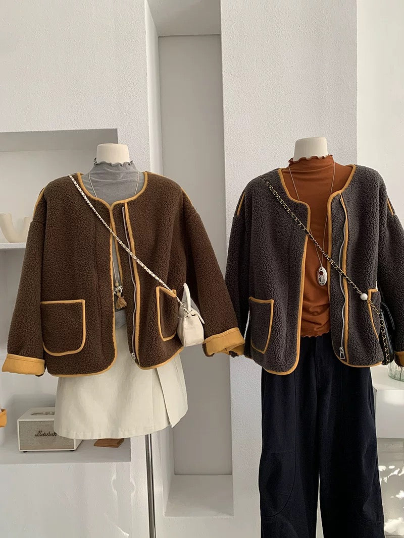 H1290 Color Block Plush Coat