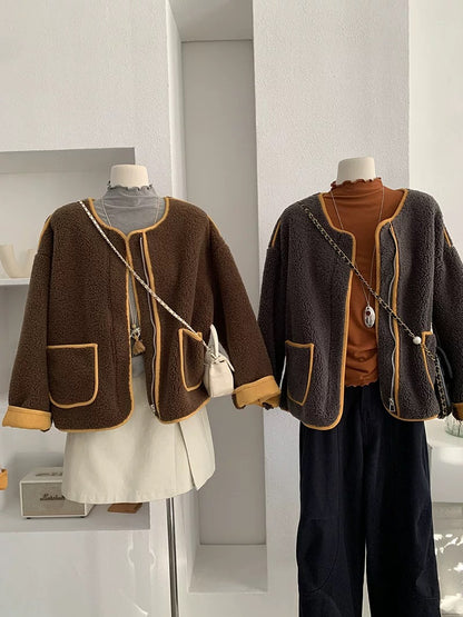 H1290 Color Block Plush Coat