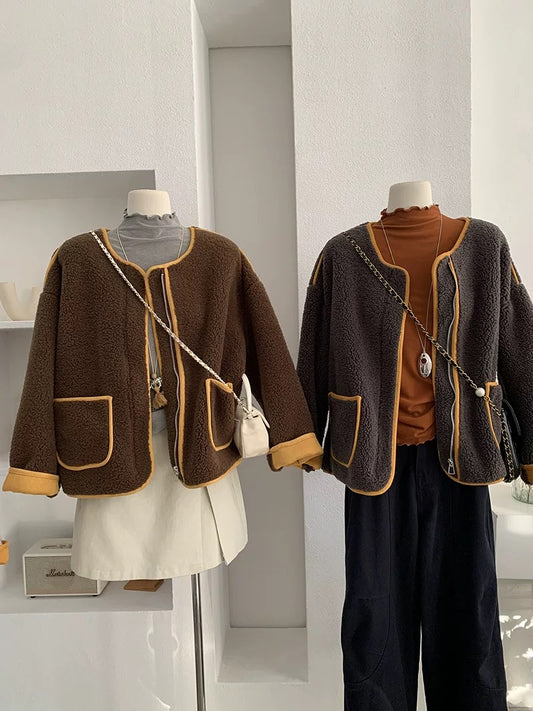 H1290 Color Block Plush Coat