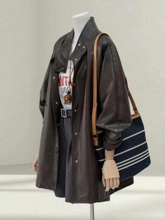 H1389 Mid-length Leather Coat